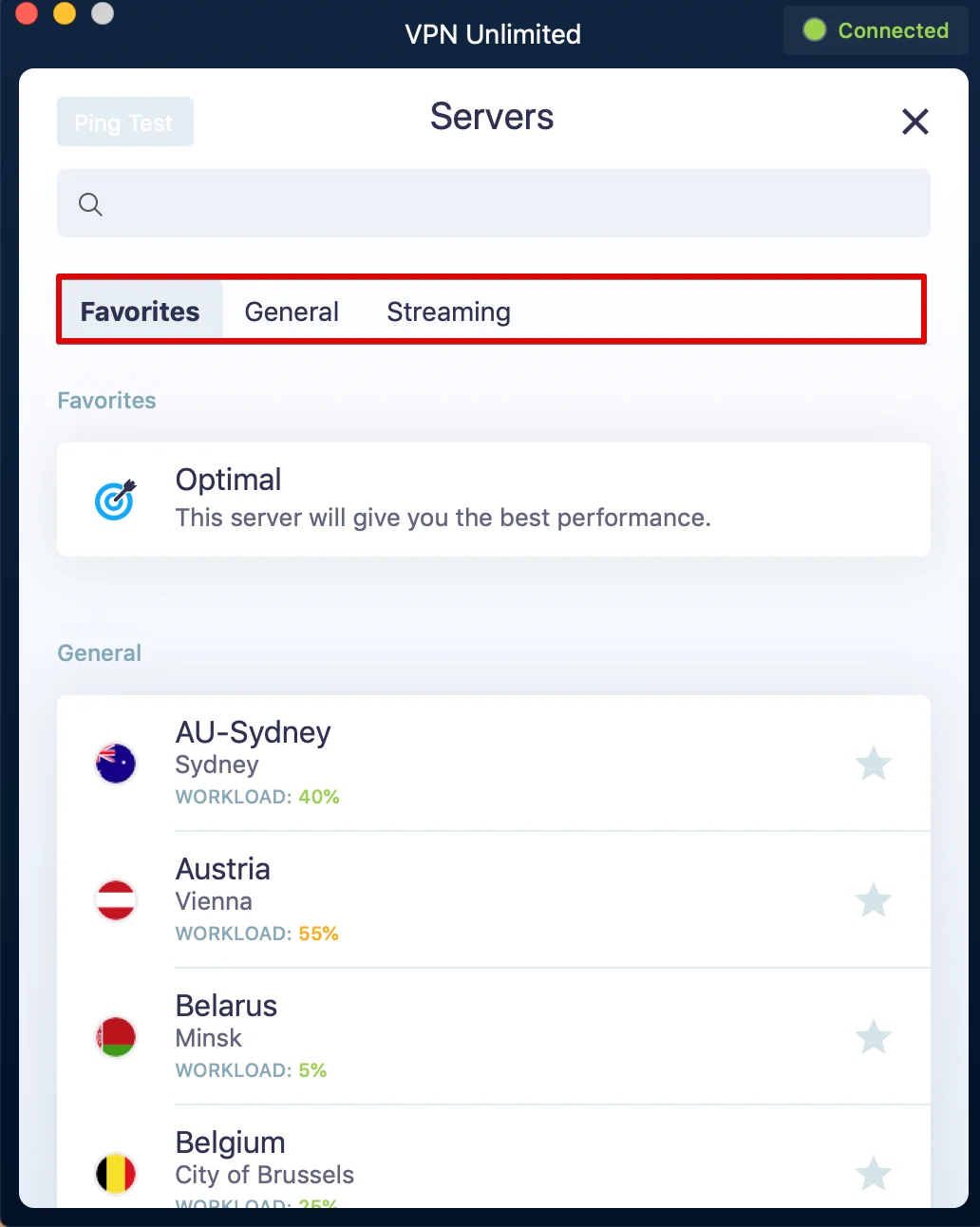 VPN servers tabs of KeepSolid VPN Unlimited app on macOS