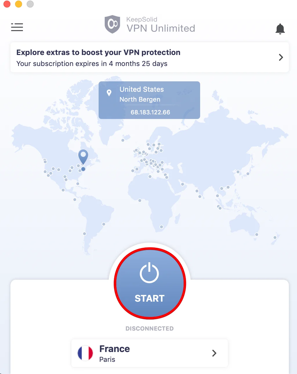 Start button of KeepSolid VPN Unlimited app on macOS