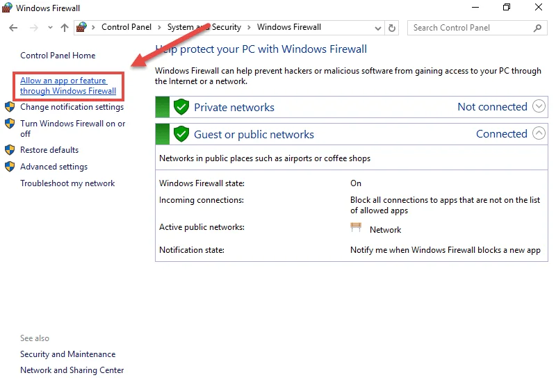 Select Allow an app or feature through Windows Firewall - VPN app for Windows 10