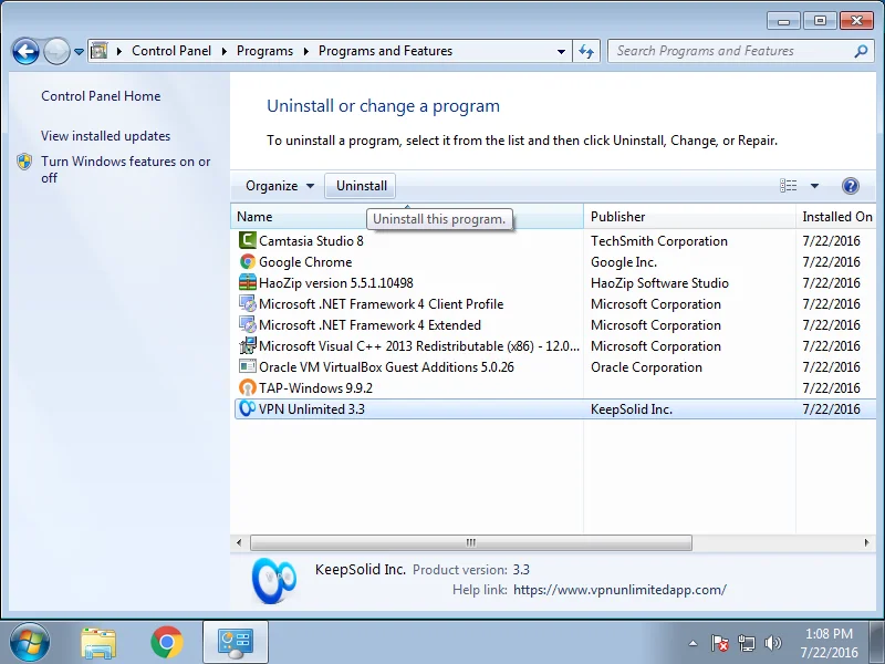How to uninstall VPN App on Windows 7 - Select VPN Unlimited and click Uninstall