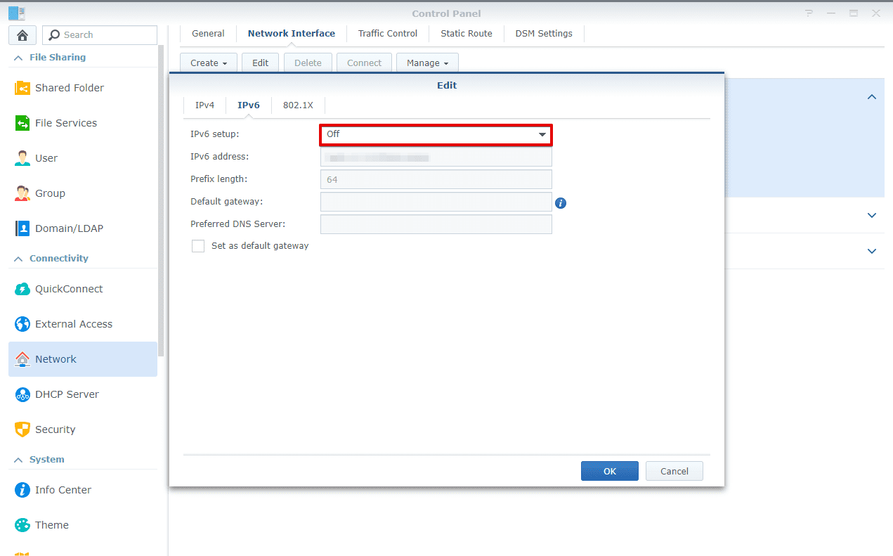 VPN on Synology. Disabling IPv6: select Off in IPv6 setup