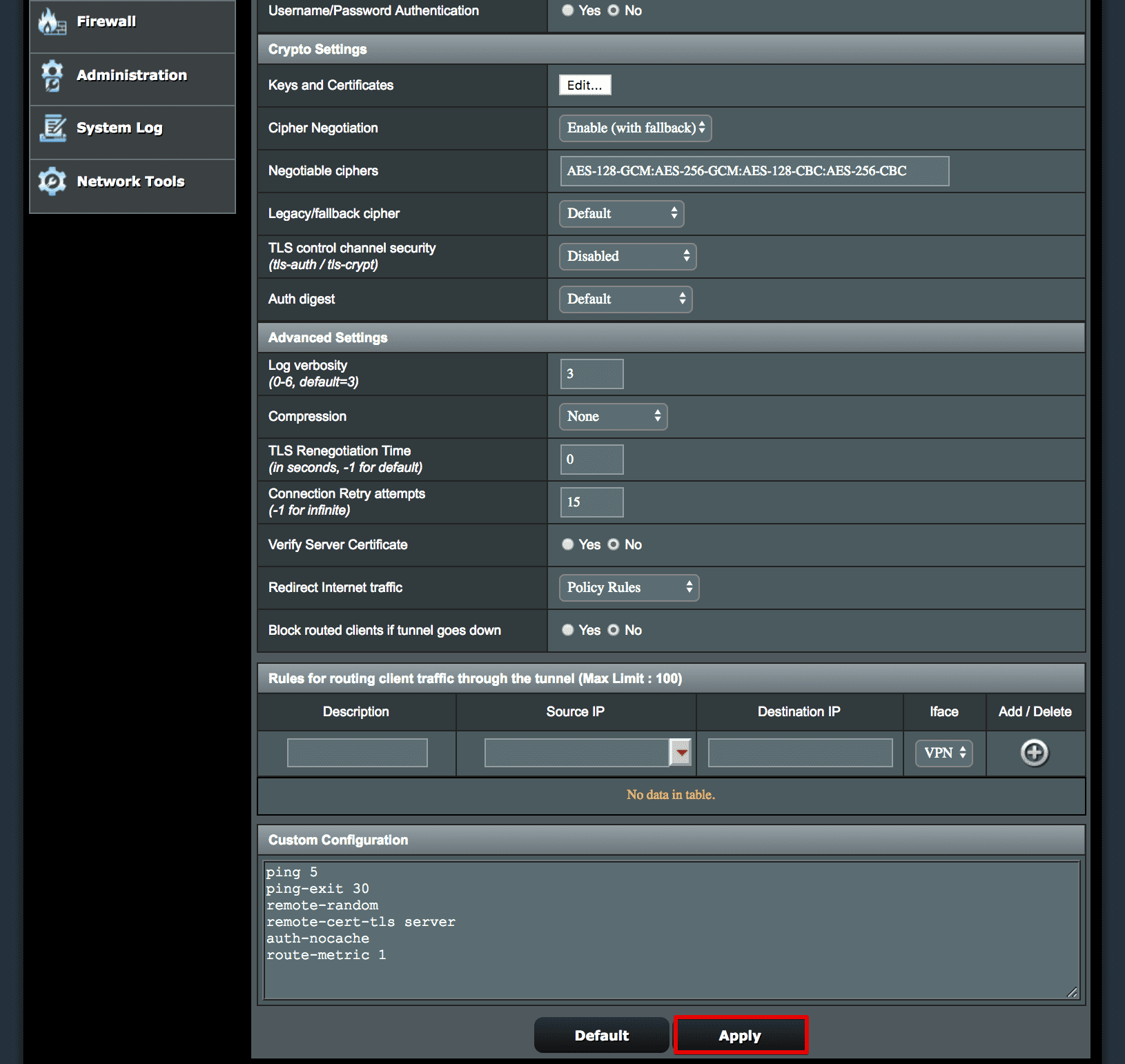 OpenVPN Client Settings: Apply button