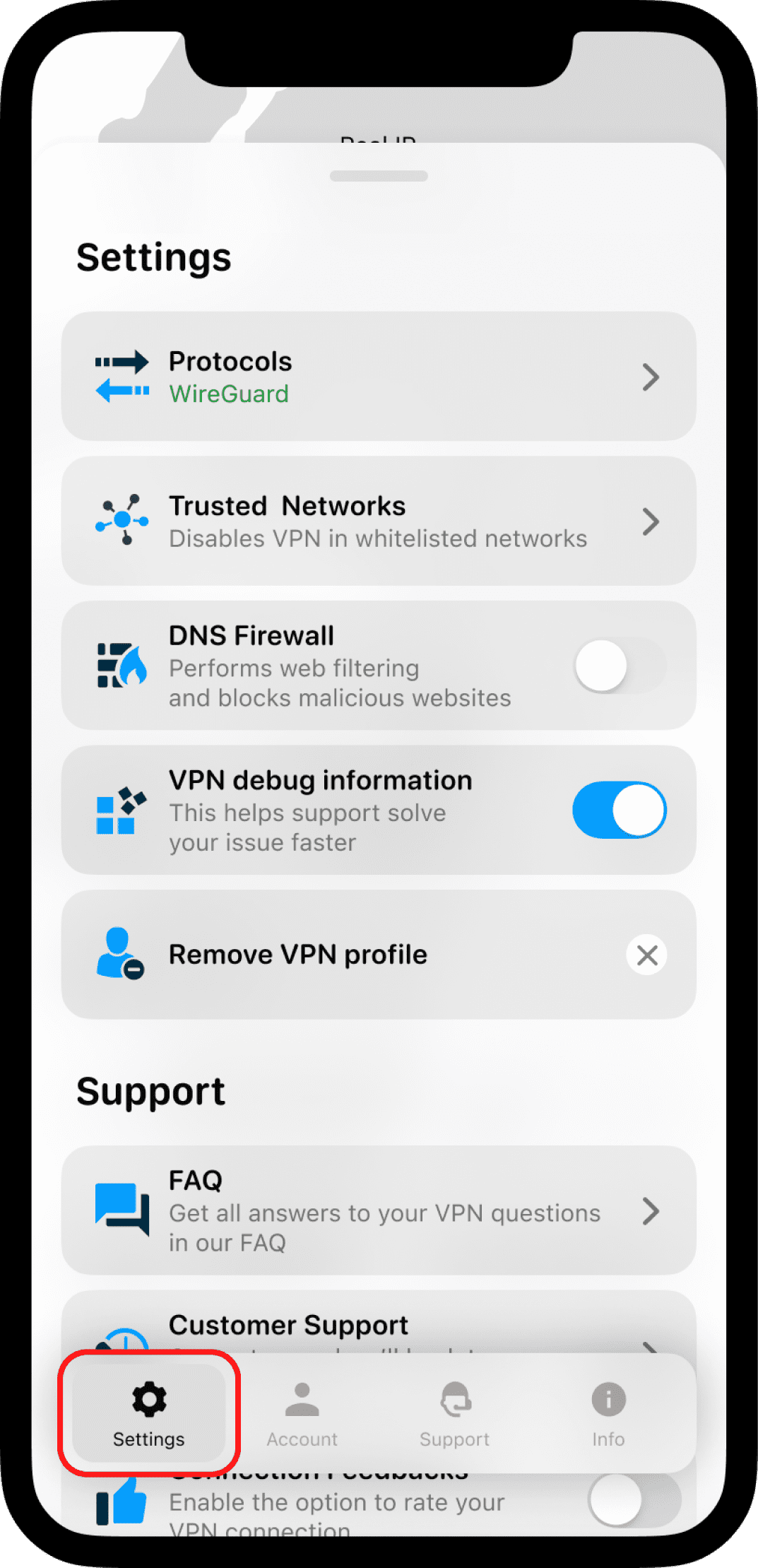 VPN Unlimited Settings screen on iOS device