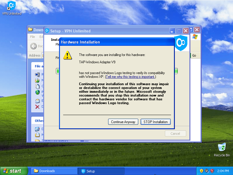 The next step is to install TAP Adapter. To do so, click Continue Anyway - VPN for Windows XP SP3 PC