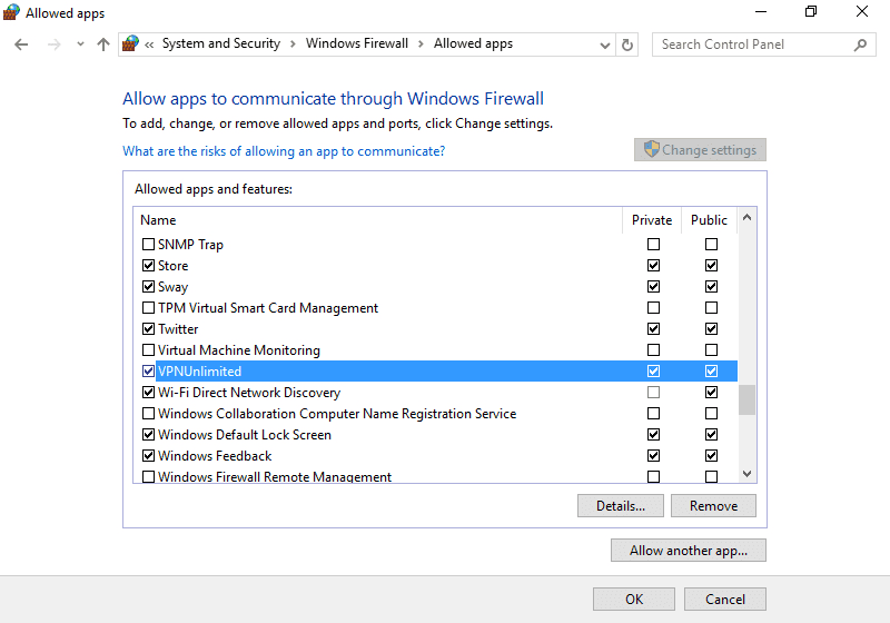 Click Change settings and set both checkboxes for VPNUnlimited and OpenVPN - VPN for Windows 10