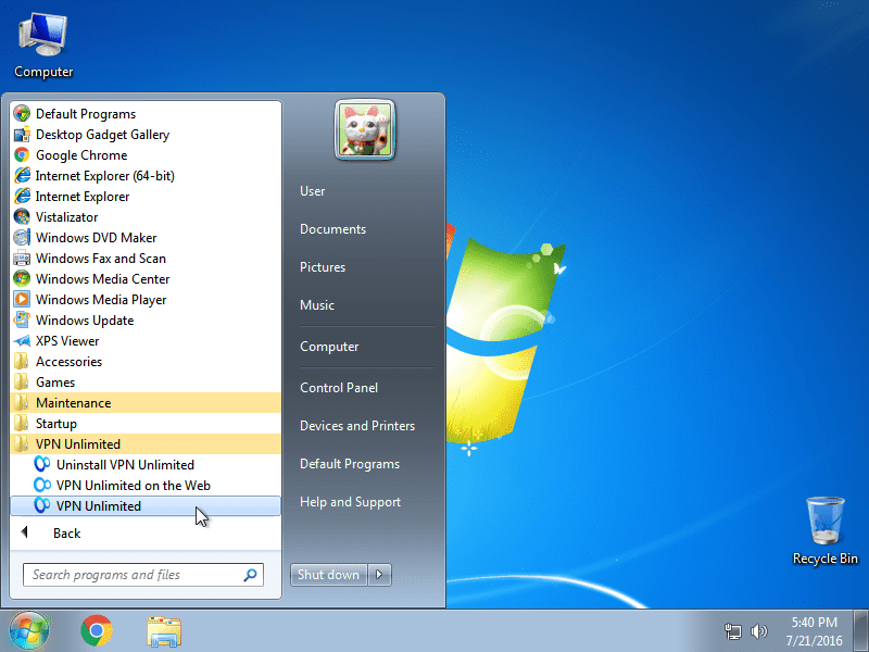 How to install VPN App on Windows 7 - for launching VPN: Start>All Programs>VPN Unlimited>VPN Unlimited