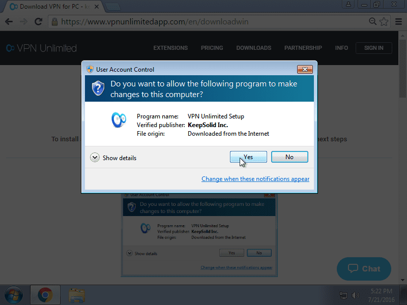 How to install VPN Unlimited App on Windows 7 - To follow the installation process, click Yes